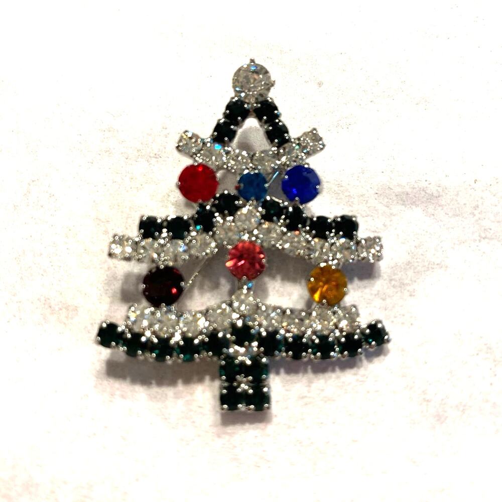 Vintage Christmas Tree Brooch Colorful Rhinestones Festive Holiday Silver Pin